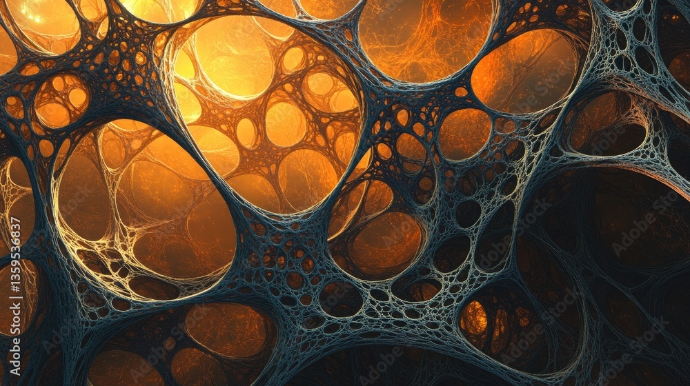 Poster abstract fractal pattern with intricate network design, glowing orange background, and dynamic geome