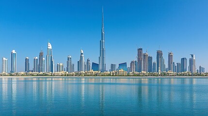 Obraz premium Dubai Frame with city backdrop: Giant rectangular frame with contrasting views of old and new Dubai, photographed straight-on, clear blue sky. 