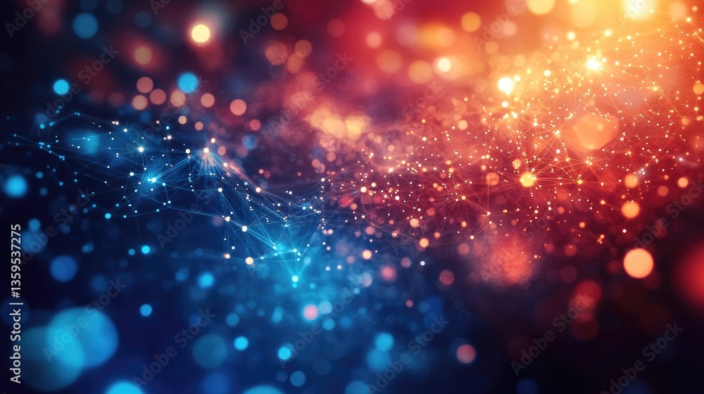 Poster abstract background of colorful lights and glowing particles in a digital universe