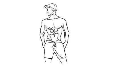Sculpted pumped up body. Sport man narcissist, admires himself on white background. Sport guy model line art drawing. Vector illustration
