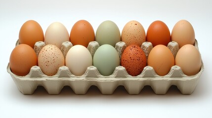 Colorful eggs in a carton: a display of fresh farm eggs with varied hues and patterns