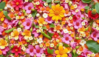 Delicate floral scatter, vibrant hues, lush greenery, organic texture, artistic, bloom