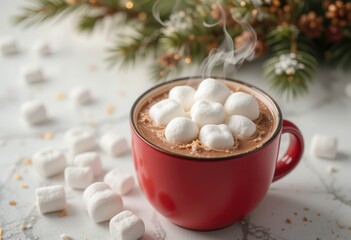 Steaming Hot Chocolate with Marshmallows in Red Mug for Winter