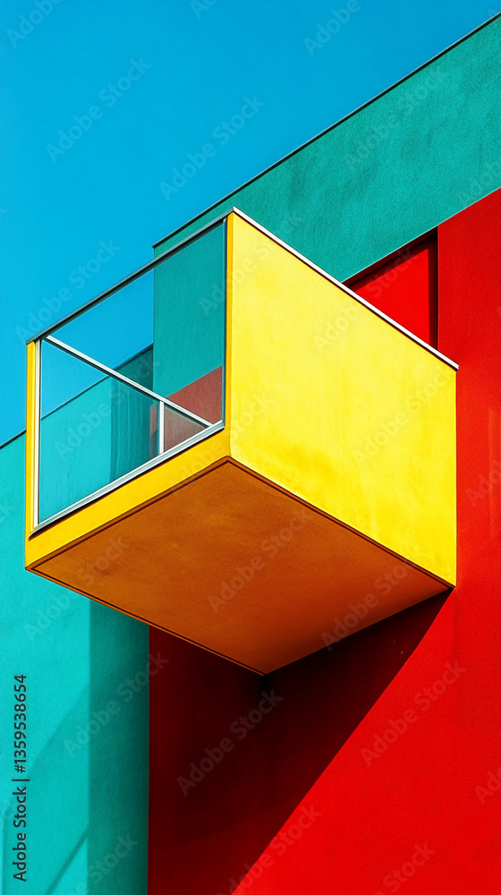 Poster yellow balcony with glass railing projecting from teal and red building exterior, showcasing geometr