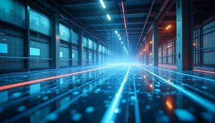 Fototapeta premium Futuristic corridor with glowing blue lines and lights