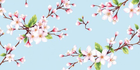 Fototapeta premium Delicate jasmine blossoms and branches create a seamless watercolor pattern on a soft blue background, textile, green