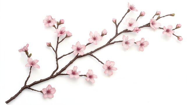 A branch of delicate cherry blossoms with soft pink flowers, isolated on a white background. 