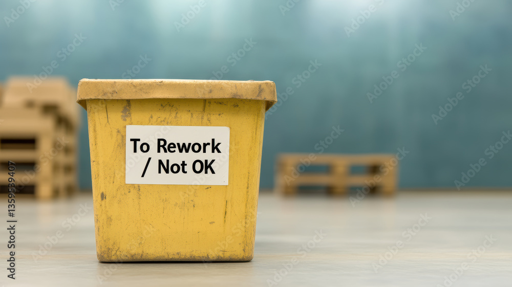Poster yellow container labeled to rework / not ok signifies importance of quality control packaging and lo