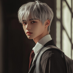 窓から外を見る男子学生