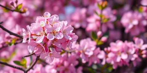 Obraz premium Delicate pink and purple blossoms create a vibrant spring floral background, spring floral, pretty