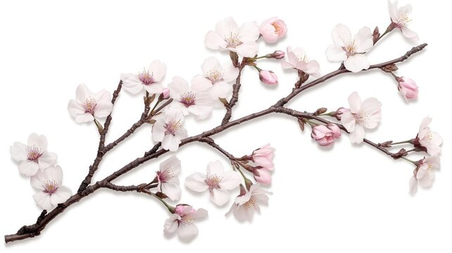 A branch of delicate cherry blossoms with soft pink flowers, isolated on a white background. 