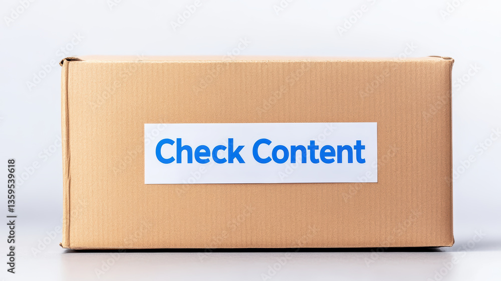 Poster cardboard box is shown with label that reads check content, emphasizing importance of packaging and 