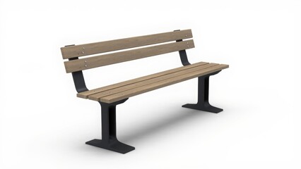 A sleek outdoor bench with a wooden seat and backrest featuring horizontal slats, supported by sturdy black metal legs. Modern, minimalist, and durable design
