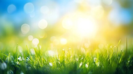Obraz premium Bright and airy spring meadow background with soft blur effect, gradient from clear blue sky to vibrant green grass, ideal for nature-themed designs and seasonal projects