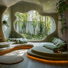 Fototapeta premium Serene Modern Interior Design Organic Concrete Seating with Lush Garden View