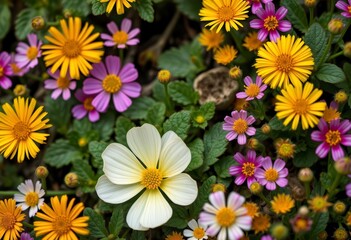 Obraz premium Delicate poached egg plant nestled amongst vibrant Limnanthes douglasii blooms, springtime, limnanthes douglasii