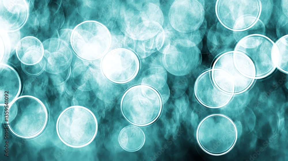 Aufkleber illuminated circular orbs floating in a soft blurred teal background