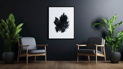 Empty frame poster mockup resting against a dark wall in a minimalist living room, modern armchairs and potted plants completing the stylish and tranquil composition 