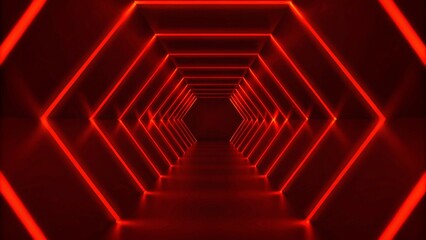 Abstract red neon arrow light glow background. Futuristic cyber laser line motion banner for casino. Dynamic techno perspective beam 3d graphic design. Cool party power and energy boost led tunnel