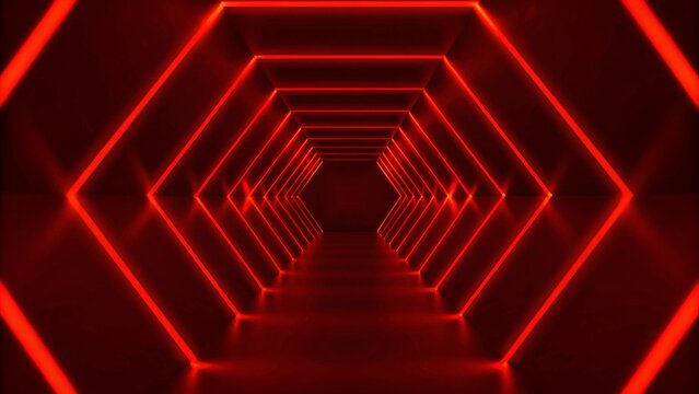 Abstract red neon arrow light glow background. Futuristic cyber laser line motion banner for casino. Dynamic techno perspective beam 3d graphic design. Cool party power and energy boost led tunnel