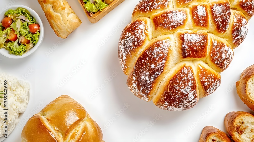 Poster a selection of artisan breads and pastries arranged on a table ready for breakfast with ample copy s
