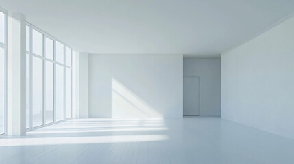 Fototapeta premium Modern Scandinavian and minimalist living room interior, White empty room, Home Nordic interior,Generative AI