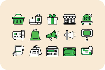 Shopping Icons Set: Basket, Gift, Store, Discount, Payment, and More on Light Background