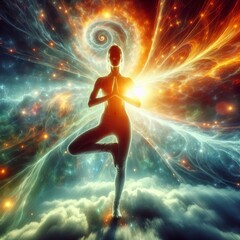 A surreal glow surrounding her as she balances in tree pose