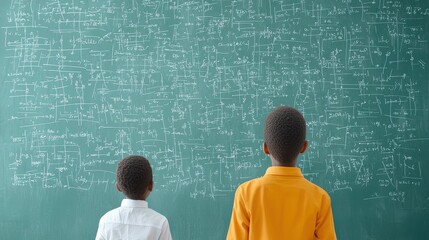 Two Children Observing Mathematical Equations on Chalkboard