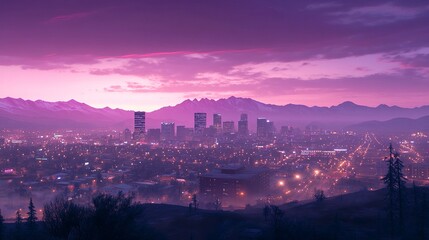 Fototapeta premium Evening panorama of Denver, vibrant city lights, purple skies fading into darkness, distant peaks visible through light mist, crisp details, immersive depth, photo-realistic. 