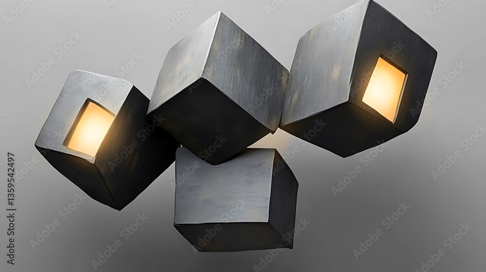 Poster four floating abstract dark cubes with glowing rectangular openings