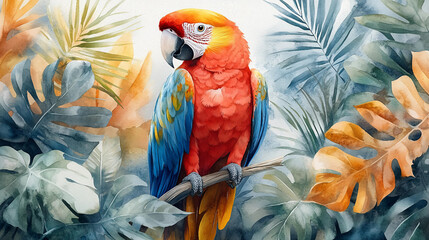 Obraz premium A majestic parrot perched gracefully among lush tropical leaves. The parrot’s feathers showcase an explosion of bright blues, fiery reds, sunny yellows, and rich greens