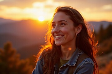 Young woman smiling in close-up with beautiful mountain sunset in the background on sunny autumn day.