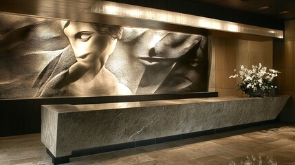 Exclusive hotel reception with a bold stone counter, an oversized backdrop with textured or mural art, and subtle lighting creating a memorable first impression 