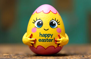 A cute yellow Easter cartoon egg with a smiling face, arms and the text "Happy Easter!" on its tummy on wooden table background with copy space. Happy Easter greeting card with food symbolic