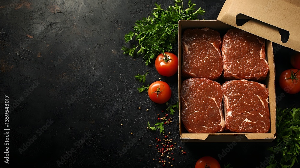 Poster a box of raw meat displayed on a table ready for butchering in a realistic kitchen setting with natu