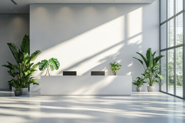 White reception area with plants, large window.