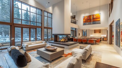 Obraz premium Expansive living space featuring a bold, minimalist fireplace, cozy furniture in muted tones, and high ceilings enhancing the sense of openness and luxury. 