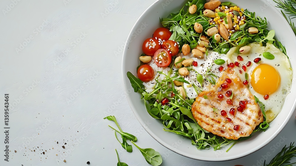 Poster fresh and nutritious salad topped with eggs and beans for a healthy and balanced meal option on a pl