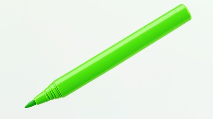 A bright green dry-erase marker with a thick, rounded body and a smooth plastic grip. The tip is slightly pressed down, showing traces of vibrant green ink. isolated on a white background.