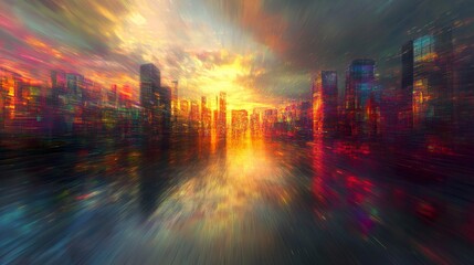 Futurist city horizon with technicolor reflections, scattered bright specks in a metallic ambiance, distant perspective, moody twilight.  