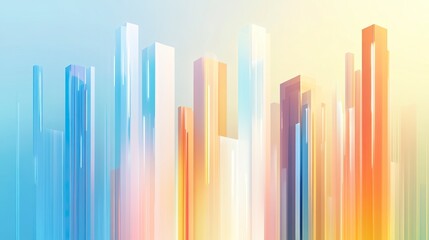 Obraz premium Futuristic abstract cityscape, with tall, stylized buildings glowing in neon accents, set against a gradient background blending cool blues and warm oranges, a dynamic representation of urban life. 