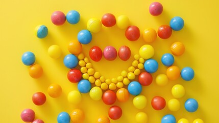 Colorful gumballs of blue, yellow, red and orange are arranged in a circle on a yellow background. The gumballs are arranged in a spiral pattern.