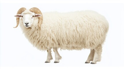 White Ram with Curled Horns Isolated on White Background