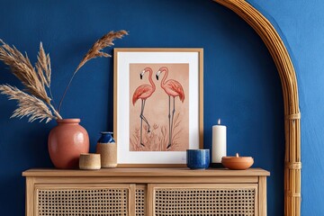 Pink flamingos framed art print,  boho style decor
