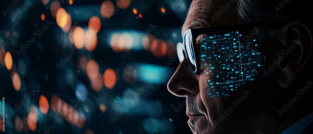 Poster digital transformation and cybersecurity optimization concept. man with glasses reflecting digital d