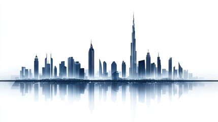 Fototapeta premium Futuristic Dubai cityscape with landmarks, isolated on a white backdrop, clean composition focusing on sharp lines and iconic silhouettes, medium shot for balance.