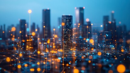 Fototapeta premium Futuristic cityscape with glowing skyscrapers, digital veins running across buildings, sparkling lights reflecting on a glossy surface, low-angle wide shot, dusk lighting 