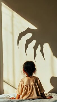 Little girl in bed scared seeing the shadow of a claw on the wall