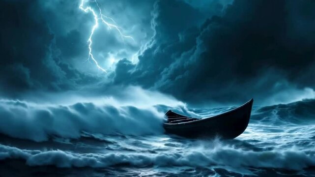 A lone canoe struggles against the immense power of the open sea as a violent storm rages around it. Towering waves crash, lightning strikes, and winds push the boat unpredictably, creating a dram.